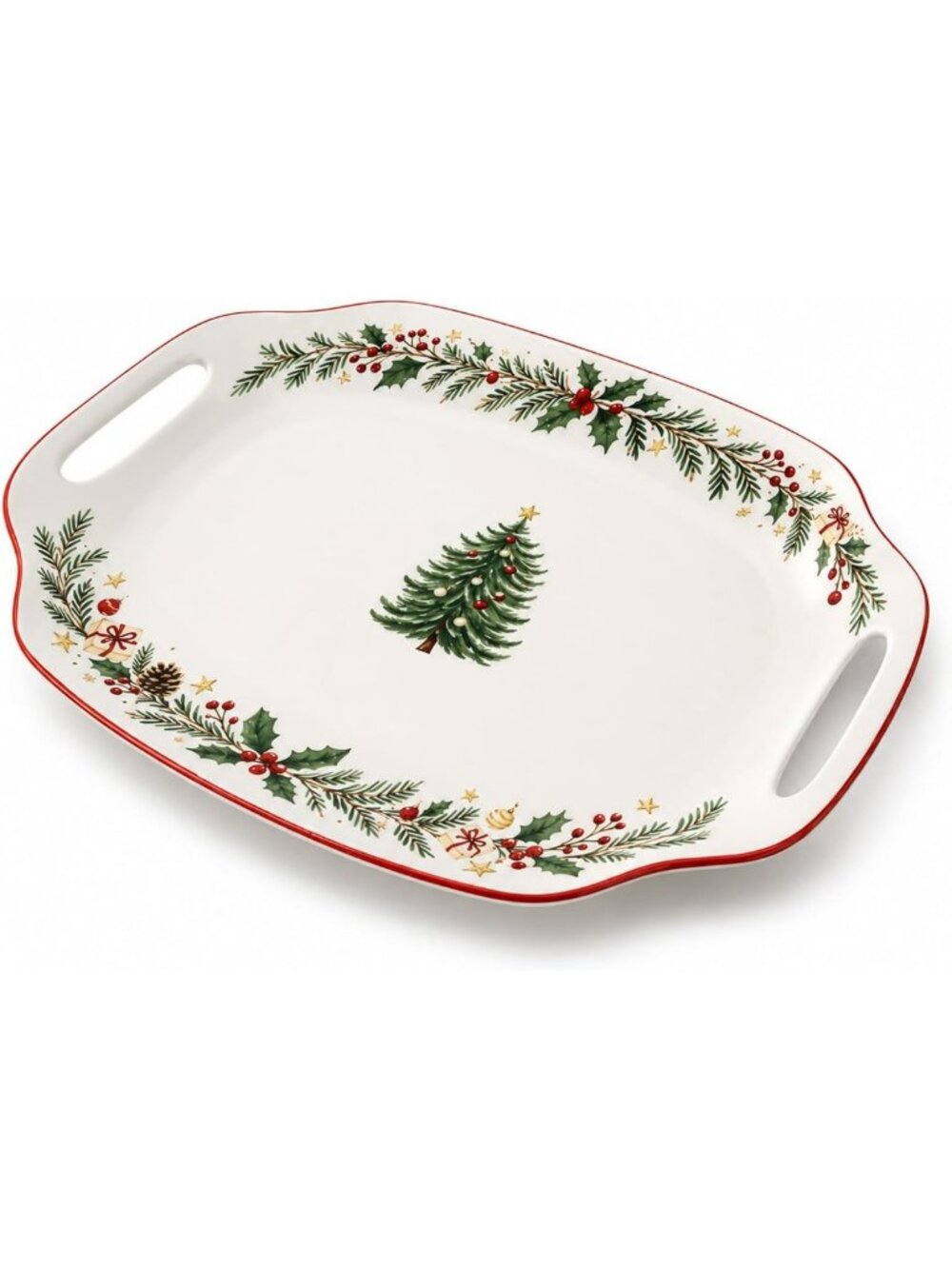 DOWAN Christmas Serving Tray with Handles - 16.5 Inch Large Ceramic Platter for